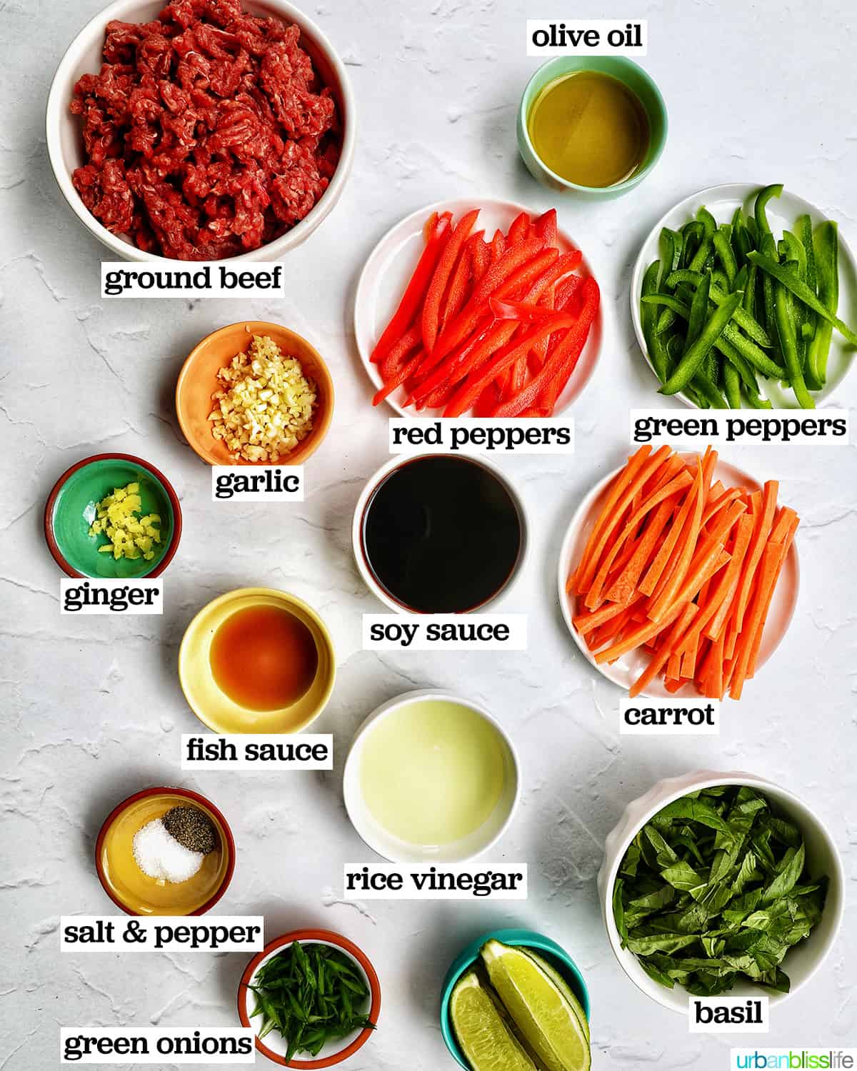 bowls of ingredients to make Thai basil beef.