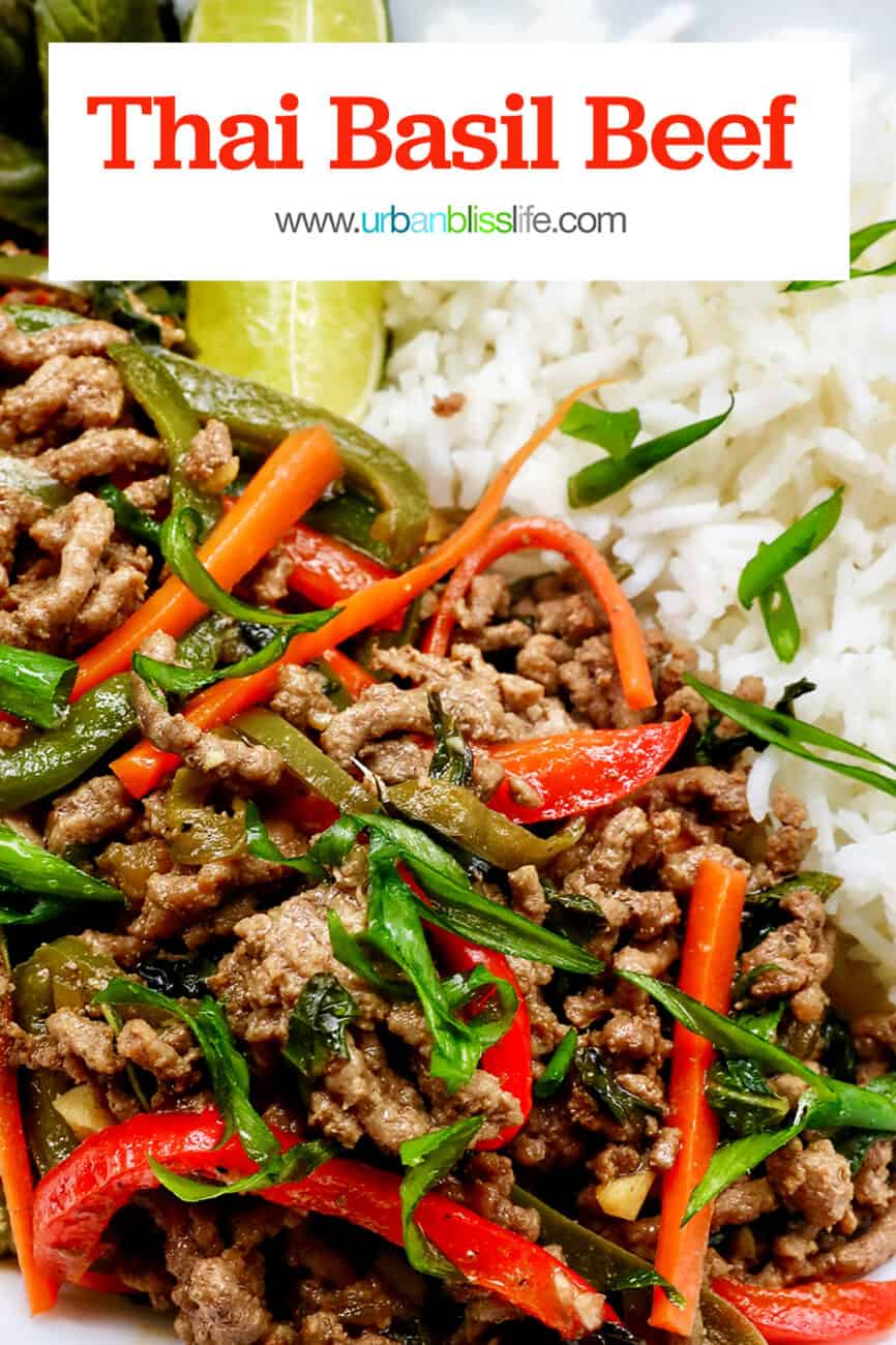 Thai basil beef with red peppers, green onions, and white rice.
