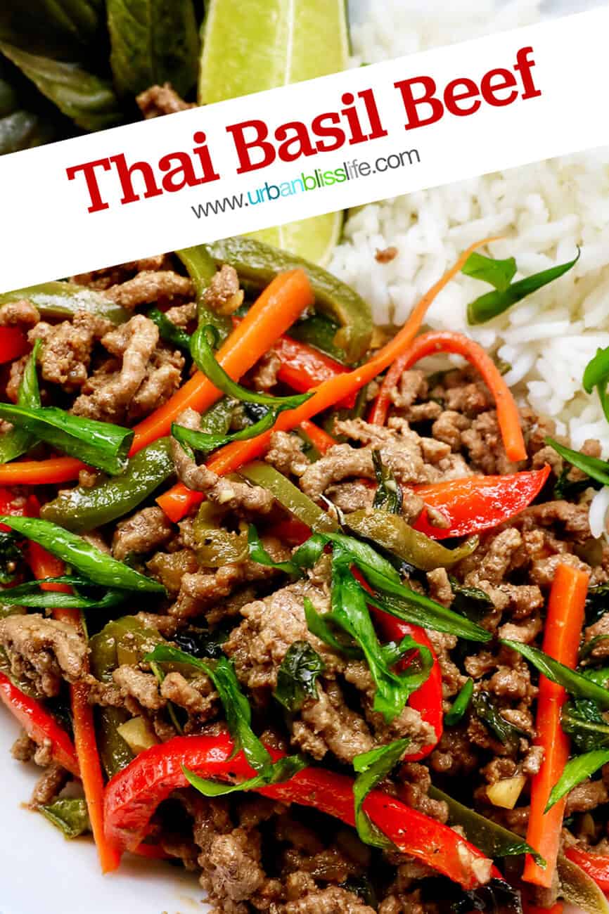 Thai basil beef with red peppers, green onions, and white rice.