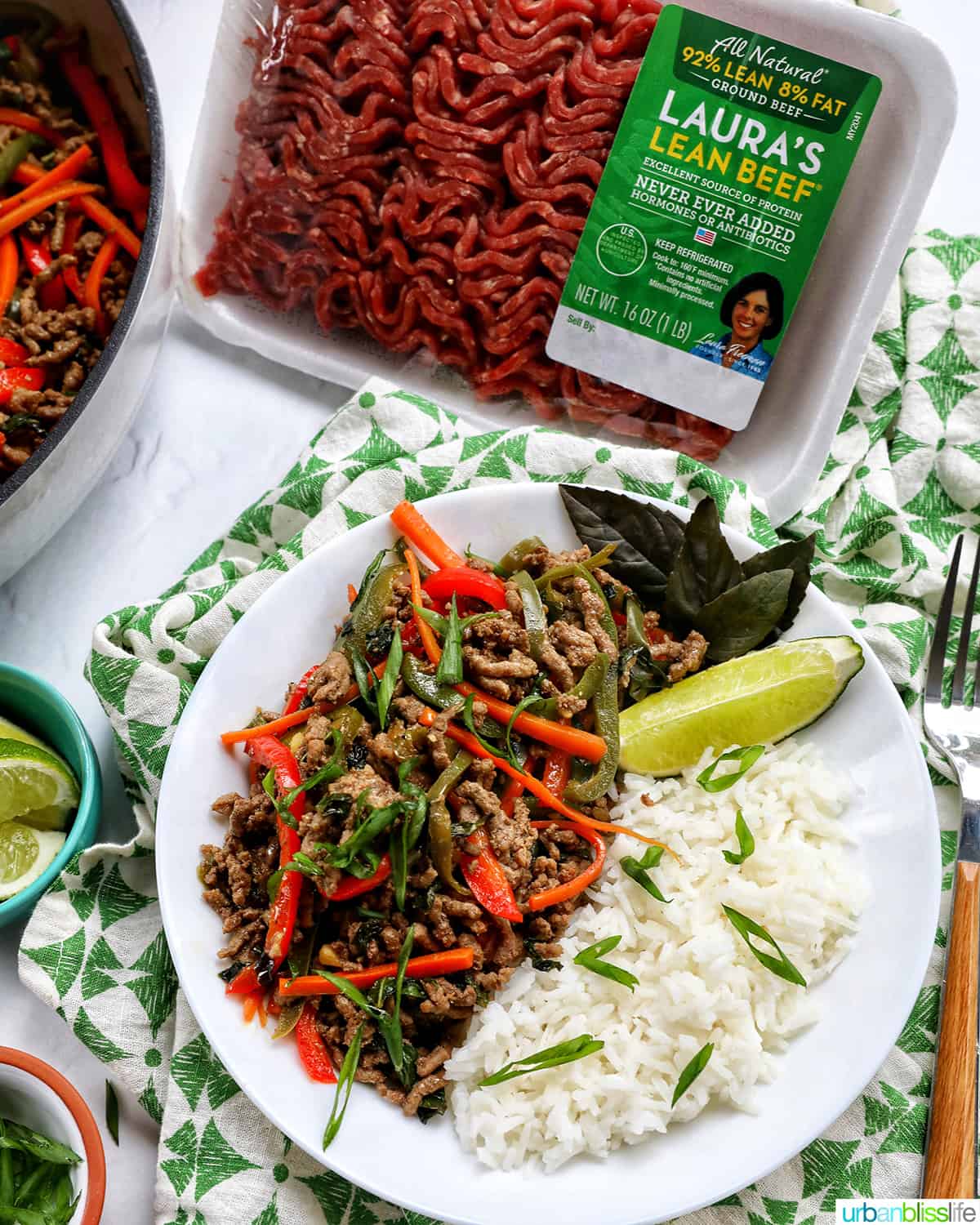 Thai basil beef with red peppers, green onions, and white rice.