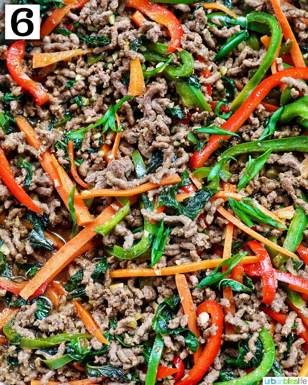 thai basil beef with carrots and bell peppers.