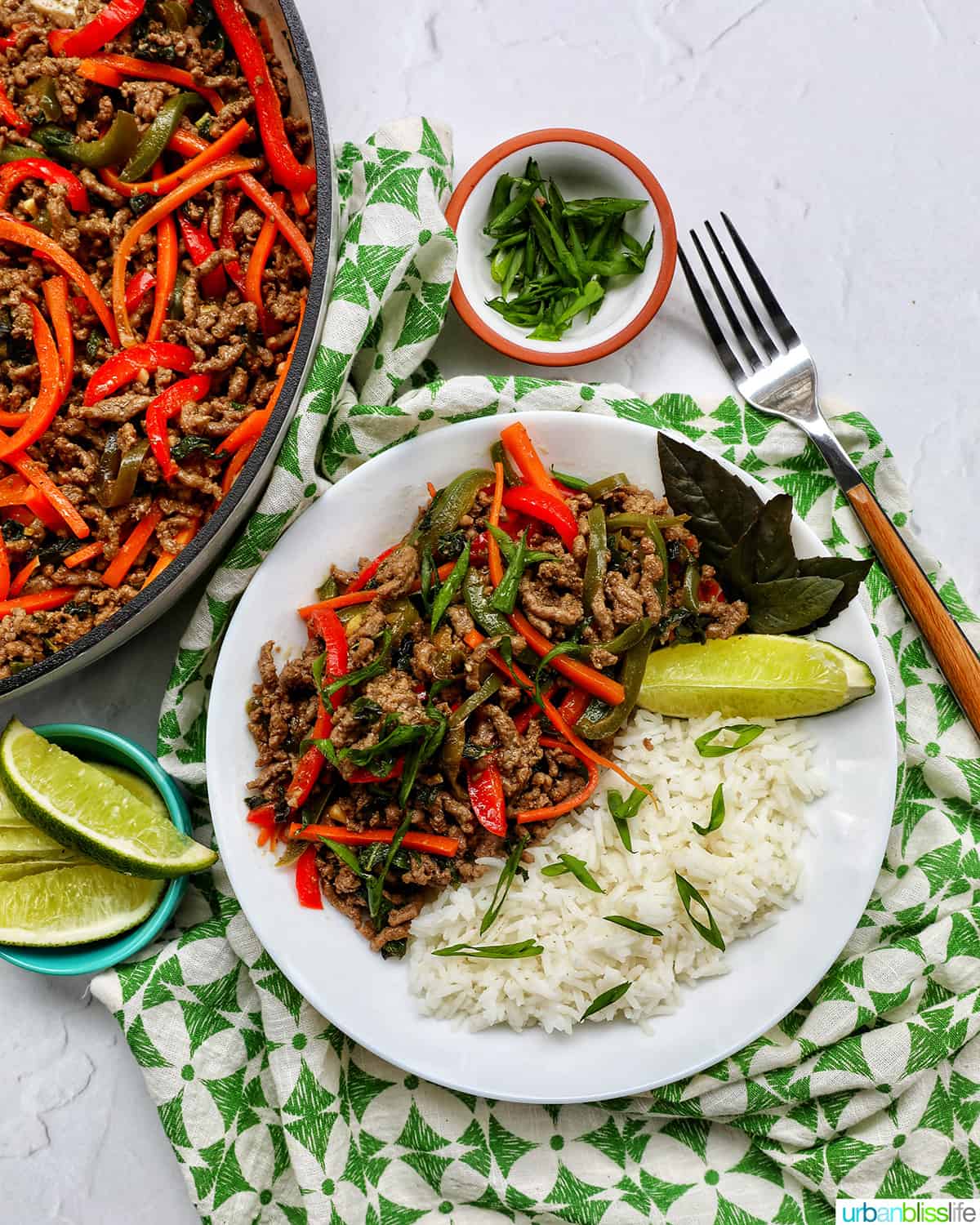 Thai basil beef with red peppers, green onions, and white rice.