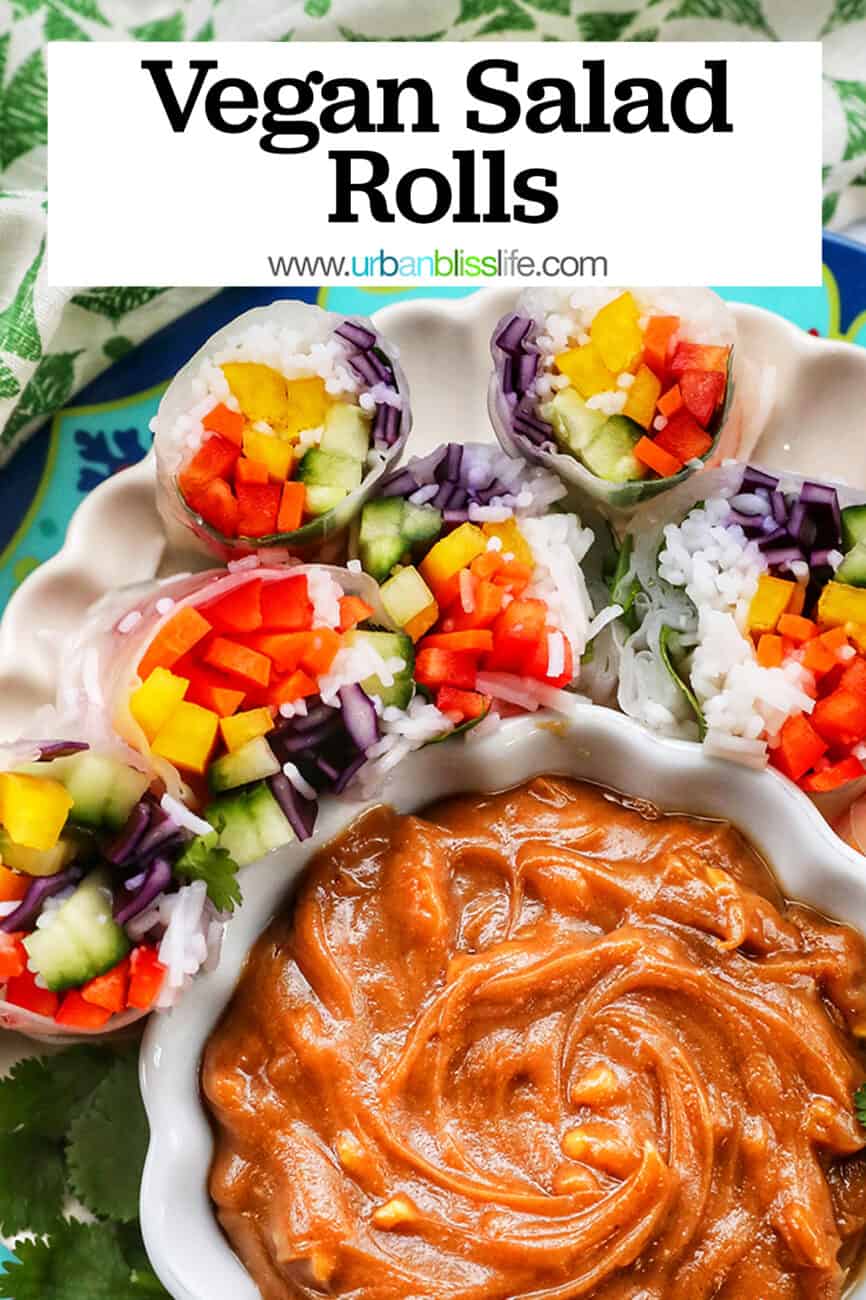 vegan summer rolls cut in half showing the vegetables and vermicelli noodles with text that reads Vegan Salad Rolls.