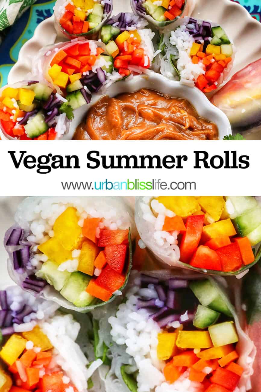 vegan summer rolls cut in half showing the vegetables and vermicelli noodles with text that reads Vegan Summer Rolls.
