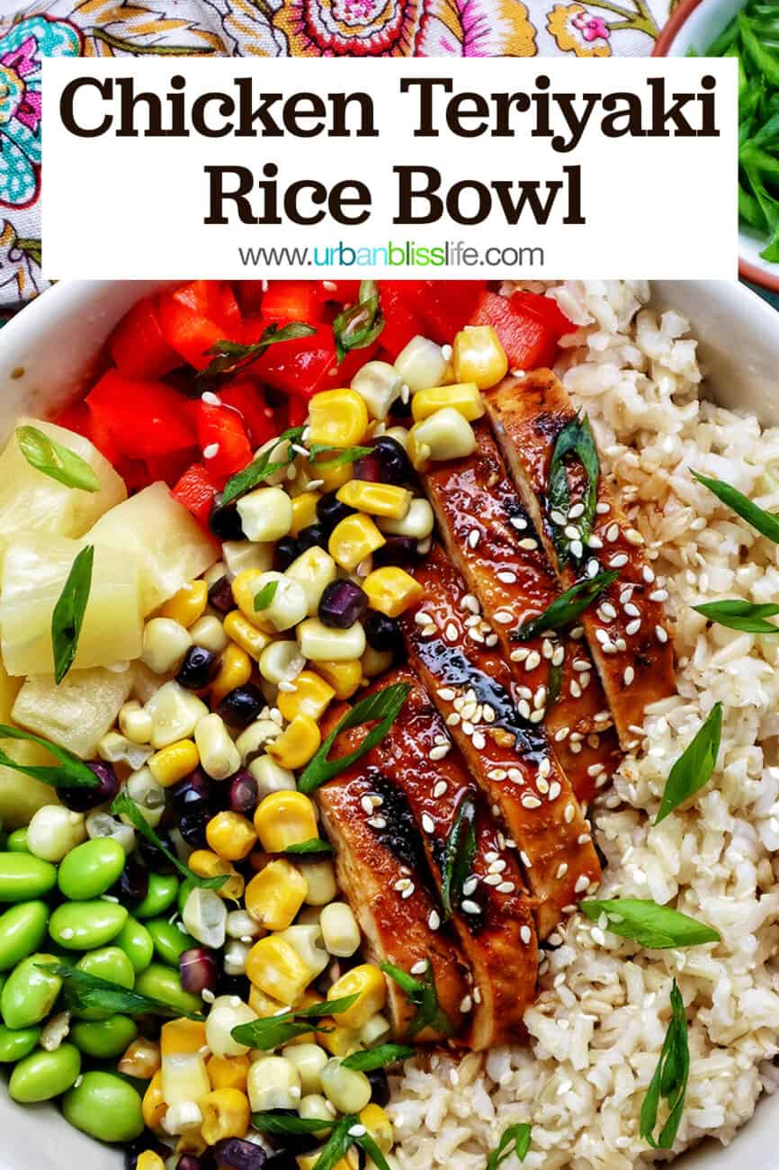 chicken teriyaki donburi bowl with brown rice, teriyaki chicken, corn, edamame, pineapple, red pepper.