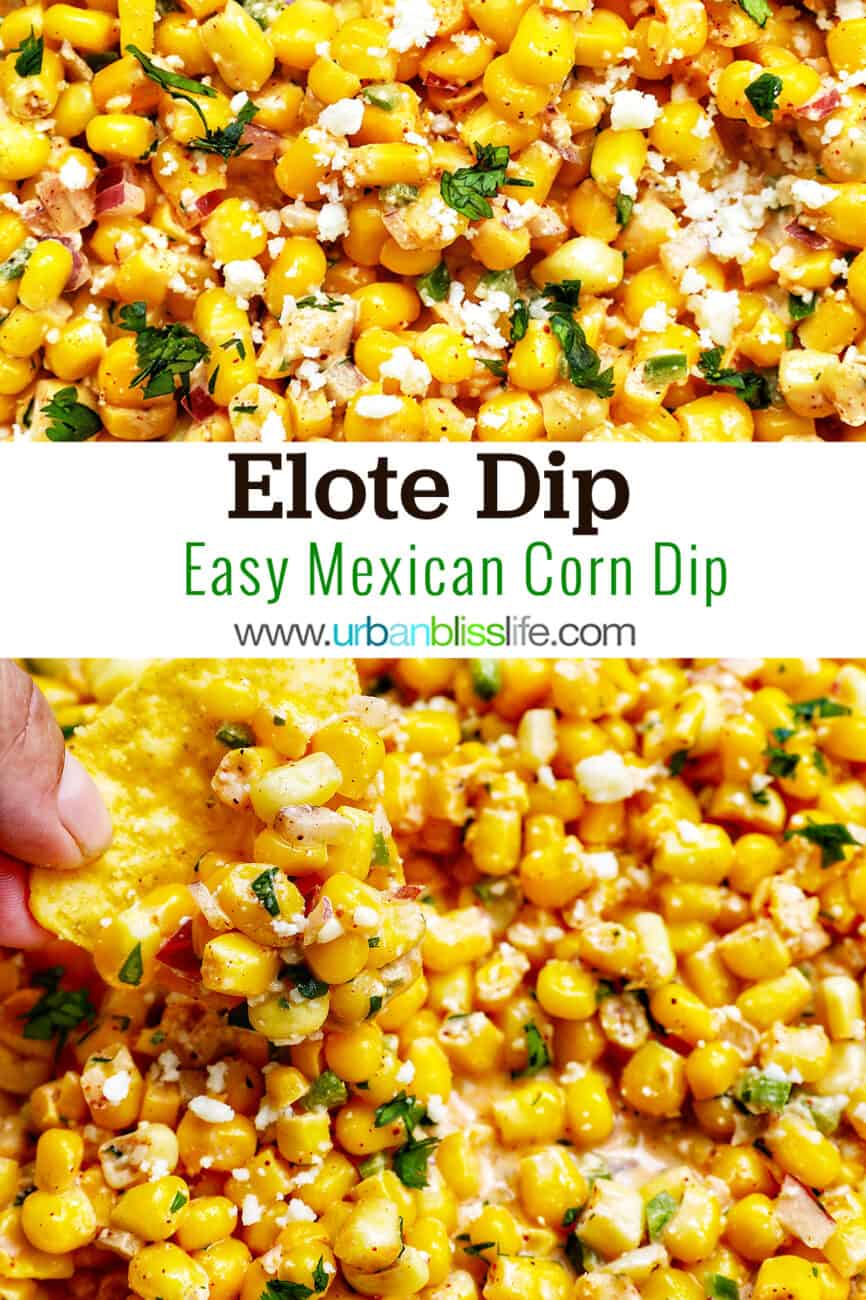 bowl of elote dip (mexican corn dip) with title text.