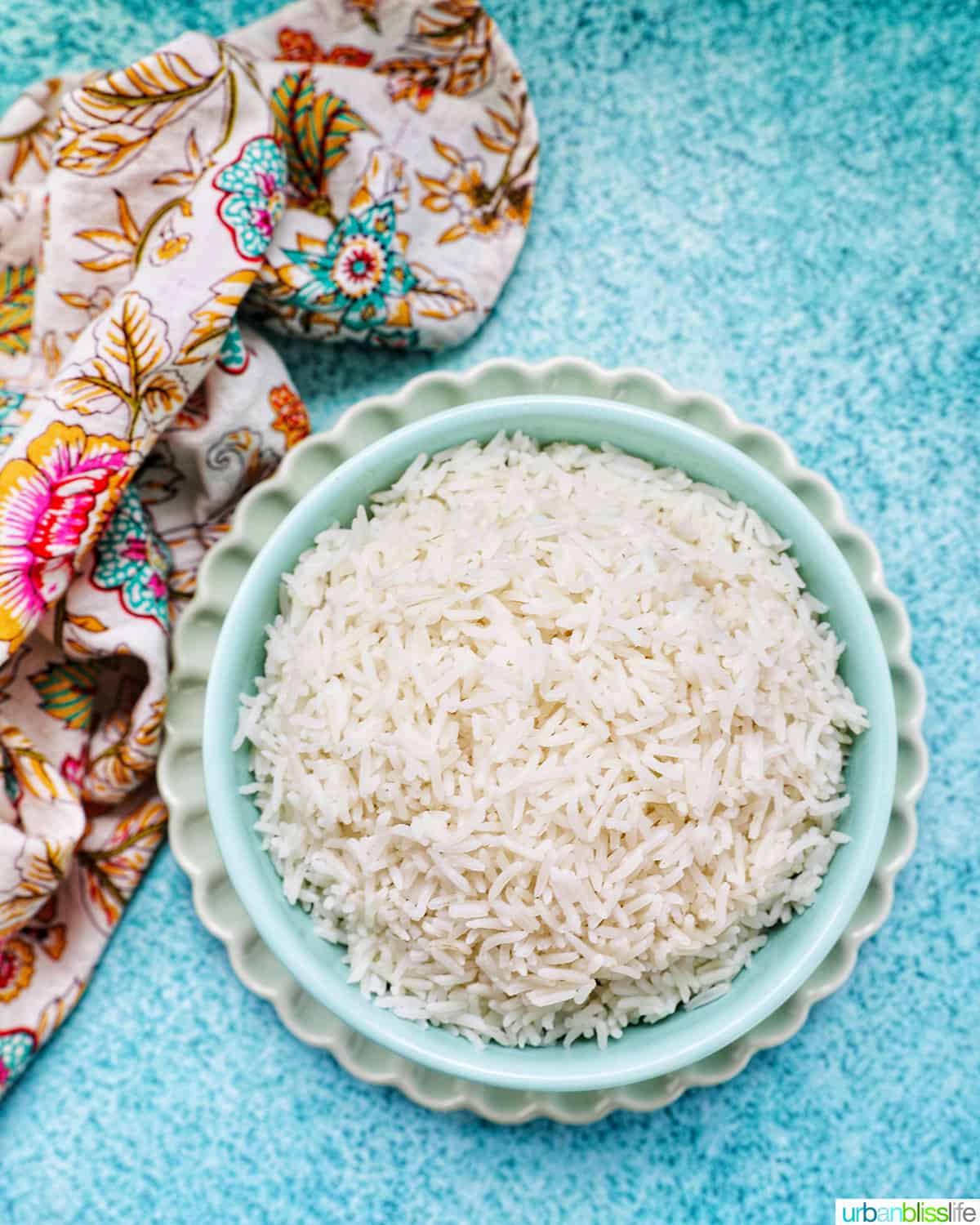 white basmati rice in a blue bowl on green plate.