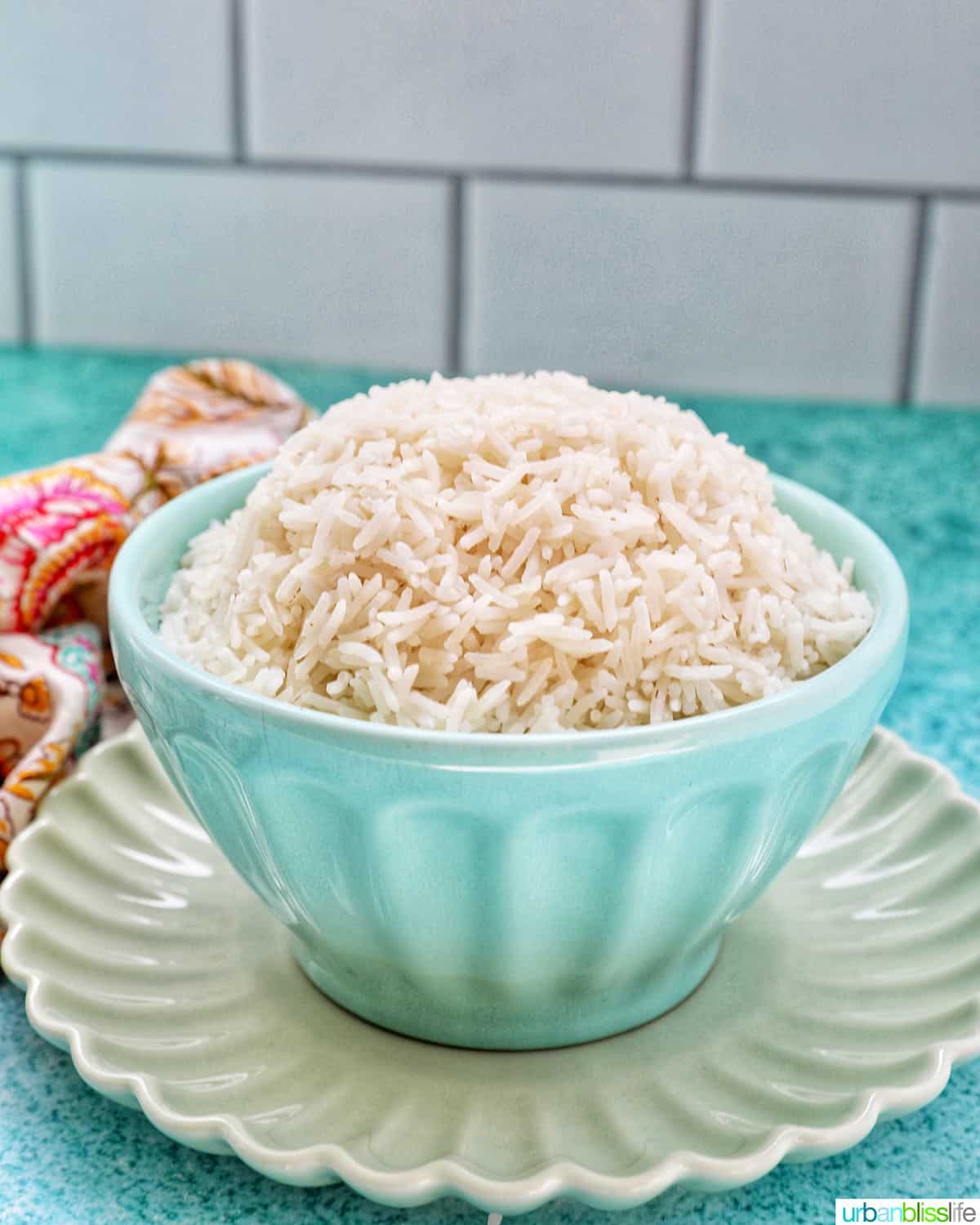 white basmati rice in a blue bowl on green plate.