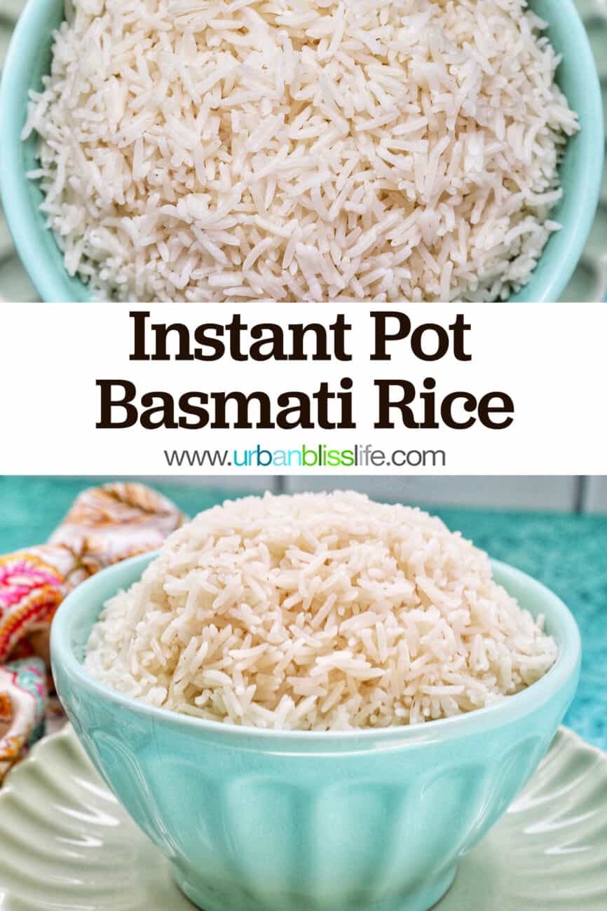 white basmati rice in a blue bowl on green plate with title text that reads Instant Pot Basmati Rice.
