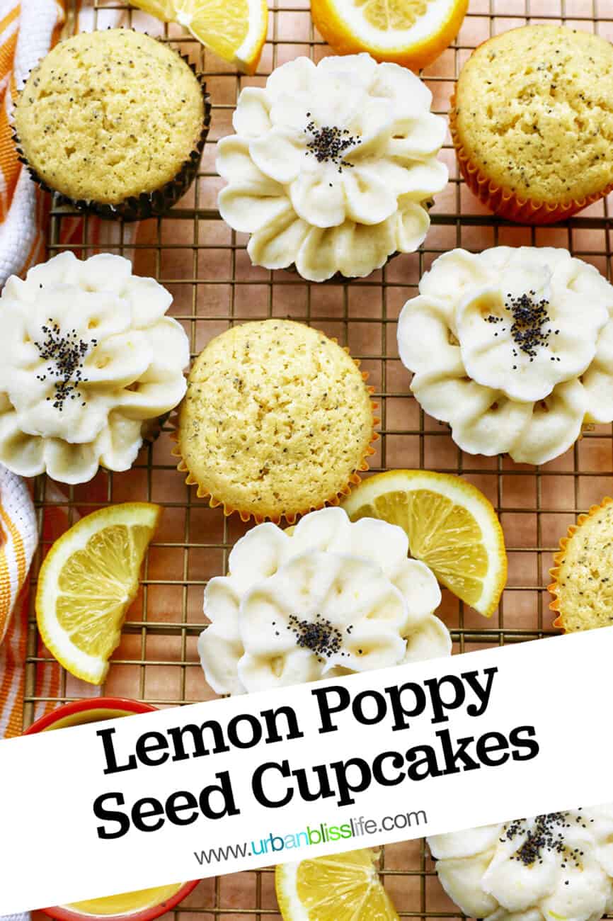 Lemon poppyseed cupcakes undecorated next to cupcakes with buttercream frosting flower decorations next to lemon slices.