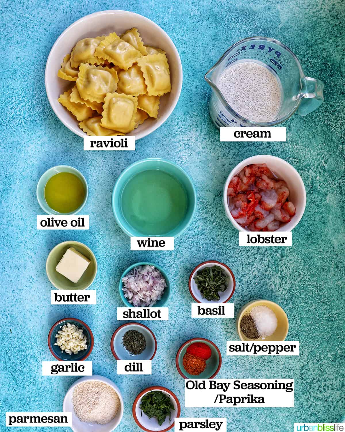bowls of ingredients to make lobster ravioli sauce.