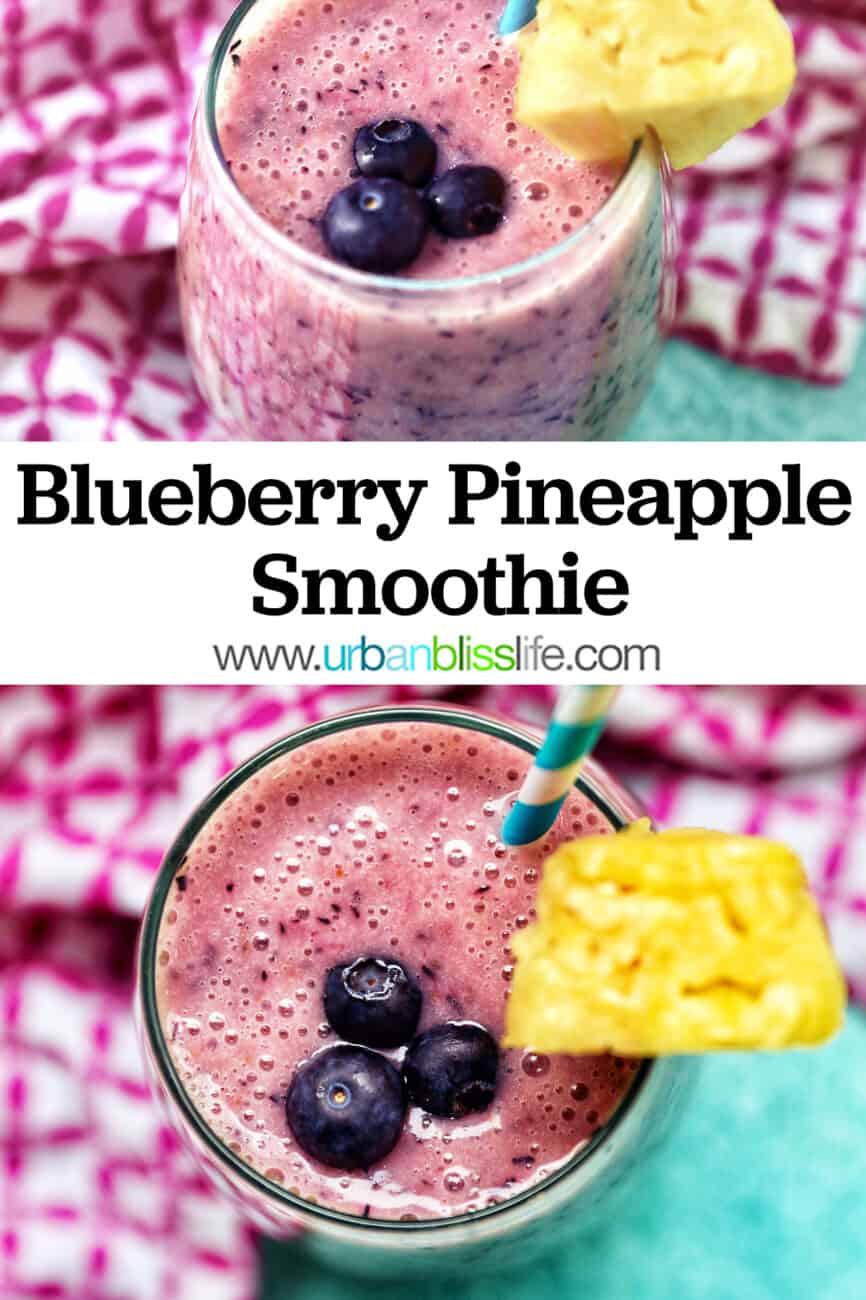 glass of Blueberry Pineapple Smoothie with pineapple wedge garnish, blue and white stripe straw, and pink and white napkin.
