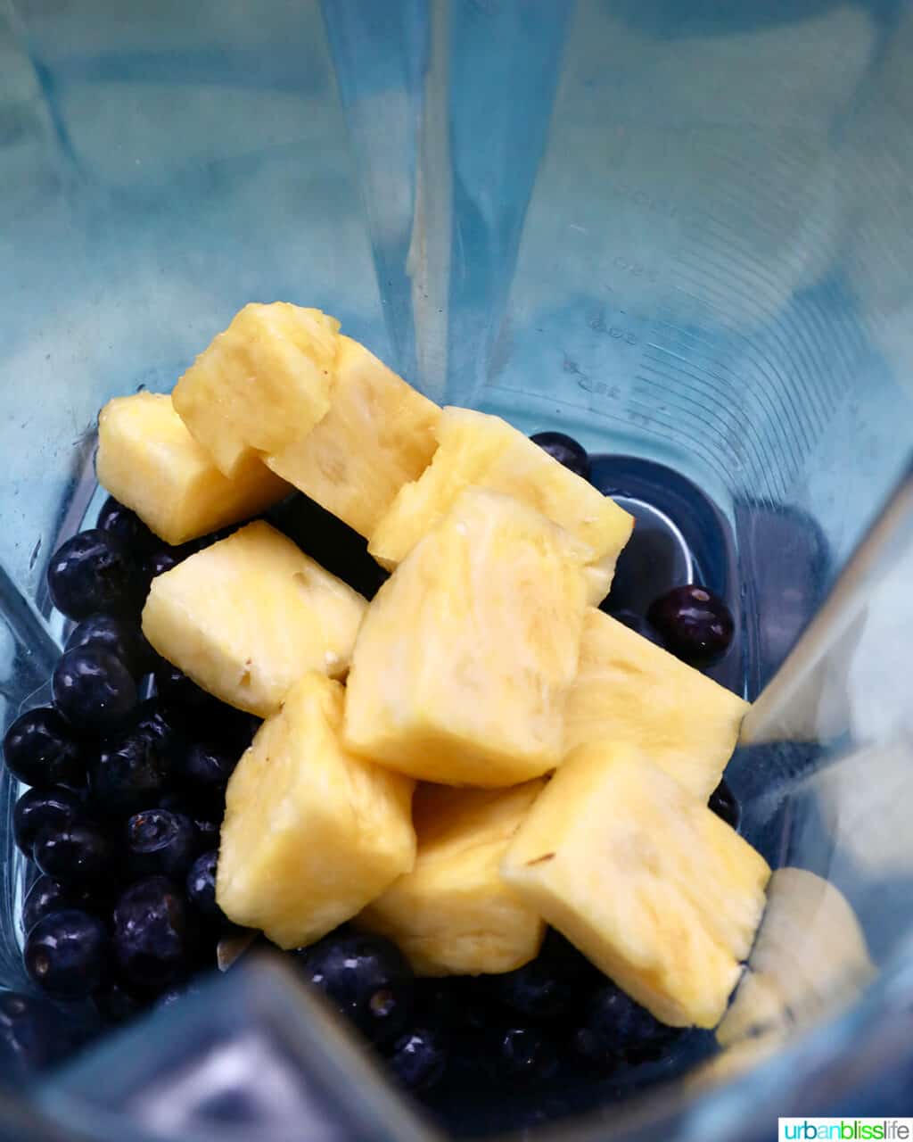 pineapple chunks and blueberries in a Vitamix blender