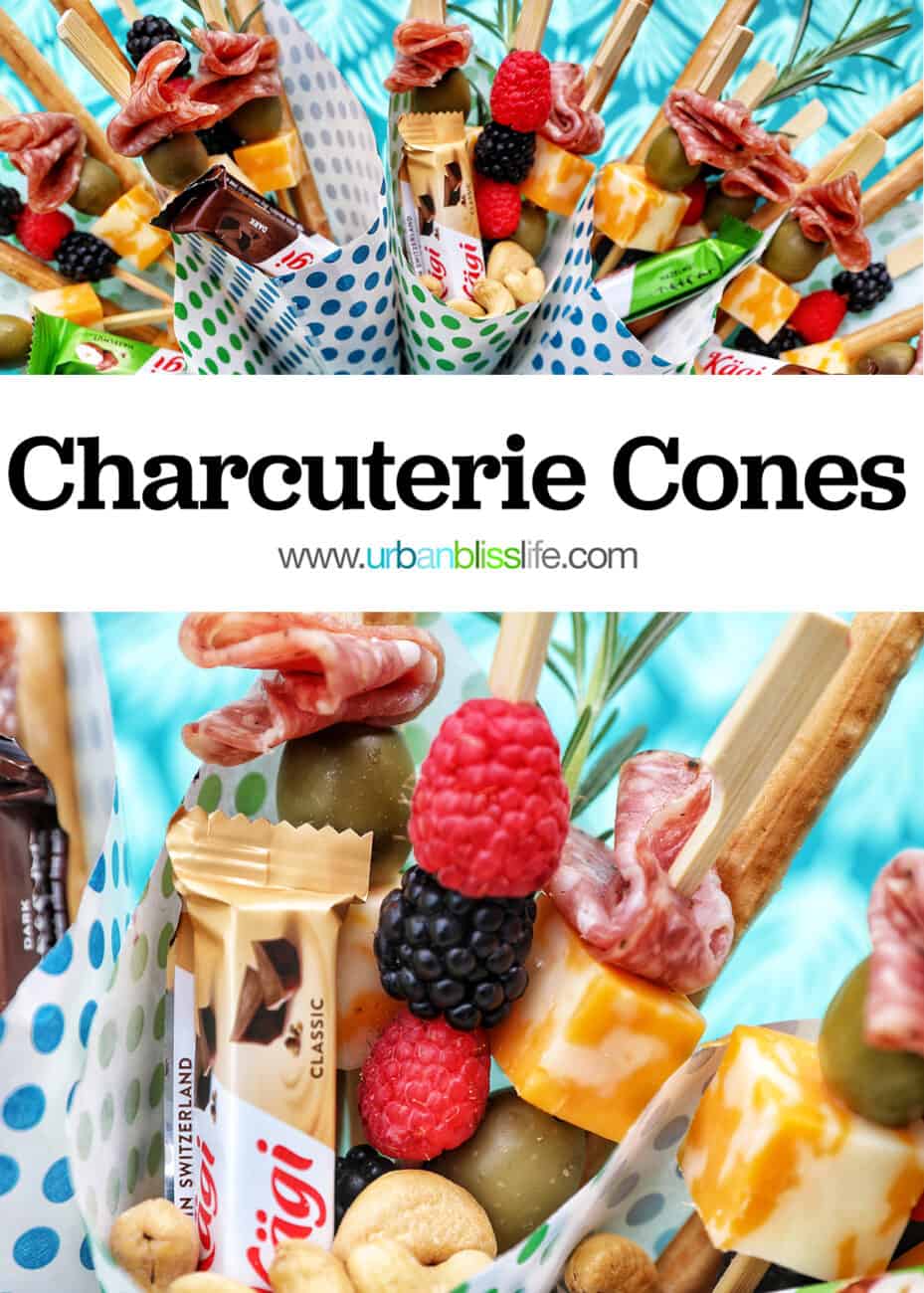 Charcuterie cones with fruit, cheeses, breadsticks, nuts, chocolate, herbs in paper cones with title text that reads "Charcuterie Cones."