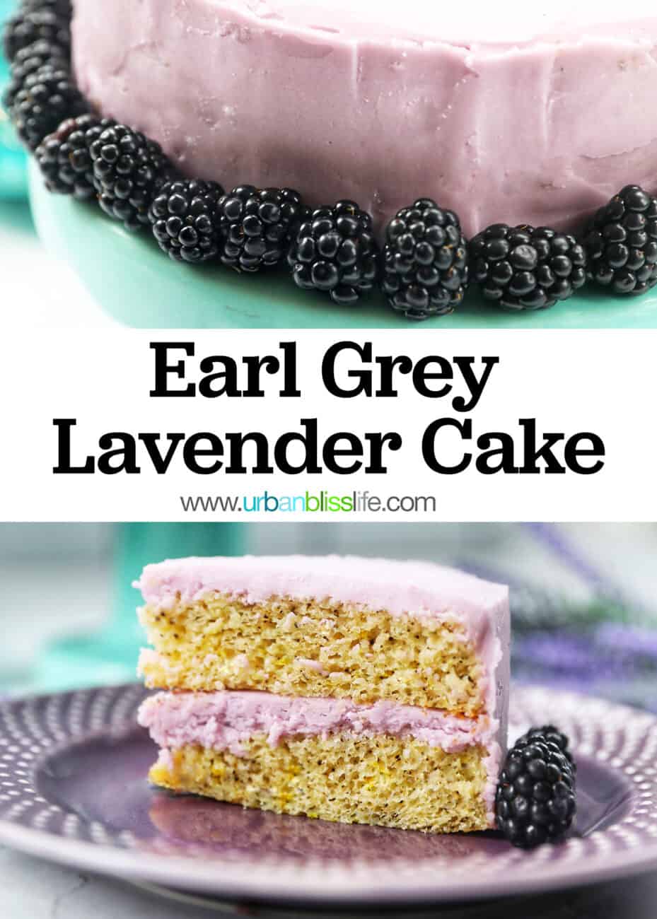 slice of earl grey lavender cake on a purple plate with blackberries.