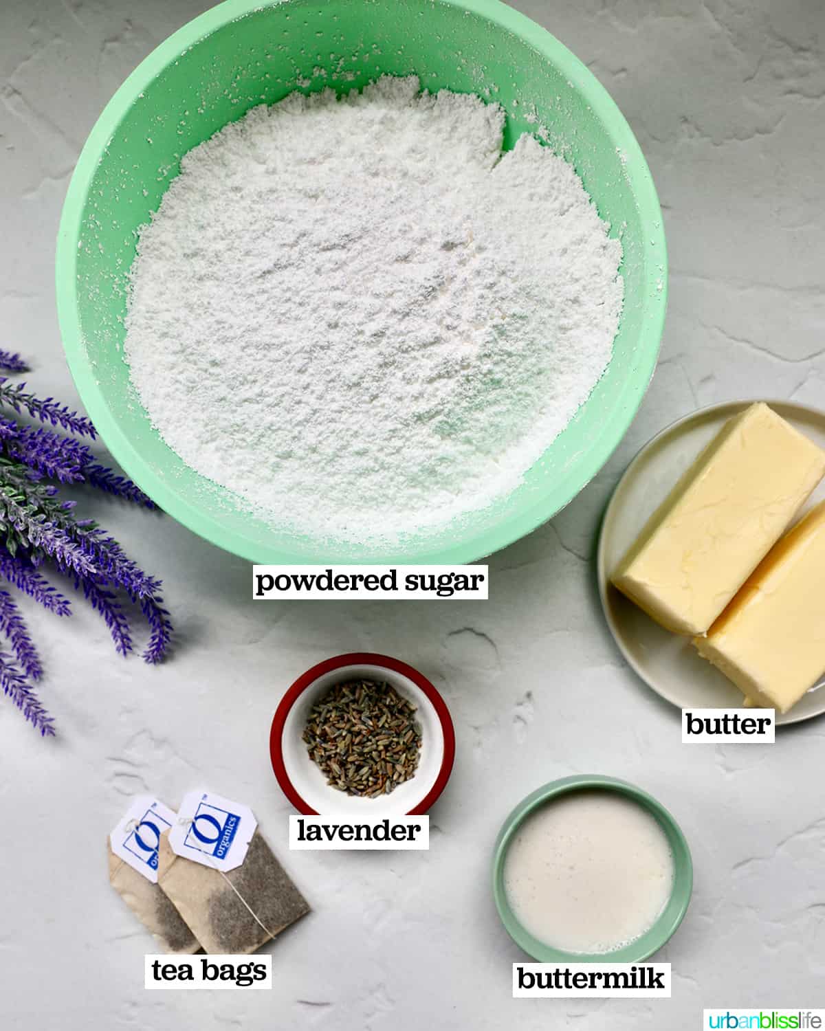bowls of ingredients to make earl grey lavender buttercream frosting.