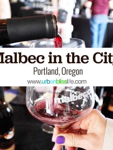 red wine pouring into a logo glass with title text that reads Malbec in the City, Portland, Oregon.