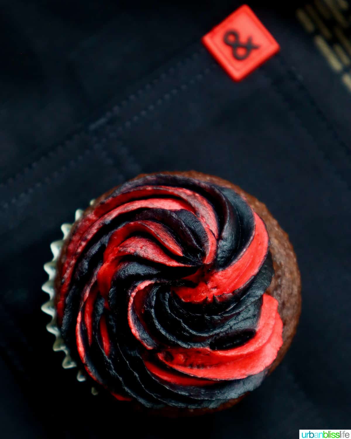 red and black frosted Darth Vader cupcakes (Devil's Food cupcakes).