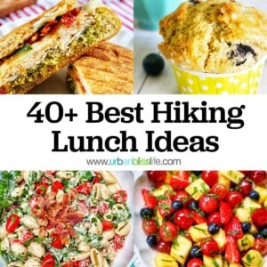fruit salad, blt pasta salad, blueberry muffins. turkey pesto sandwich and title text that reads "40+ Best Hiking Lunch Ideas."