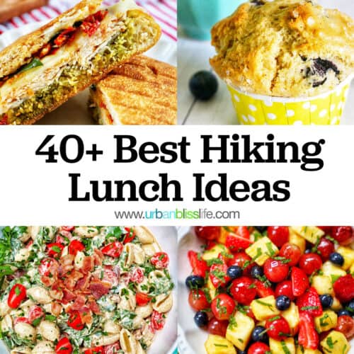 fruit salad, blt pasta salad, blueberry muffins. turkey pesto sandwich and title text that reads "40+ Best Hiking Lunch Ideas."