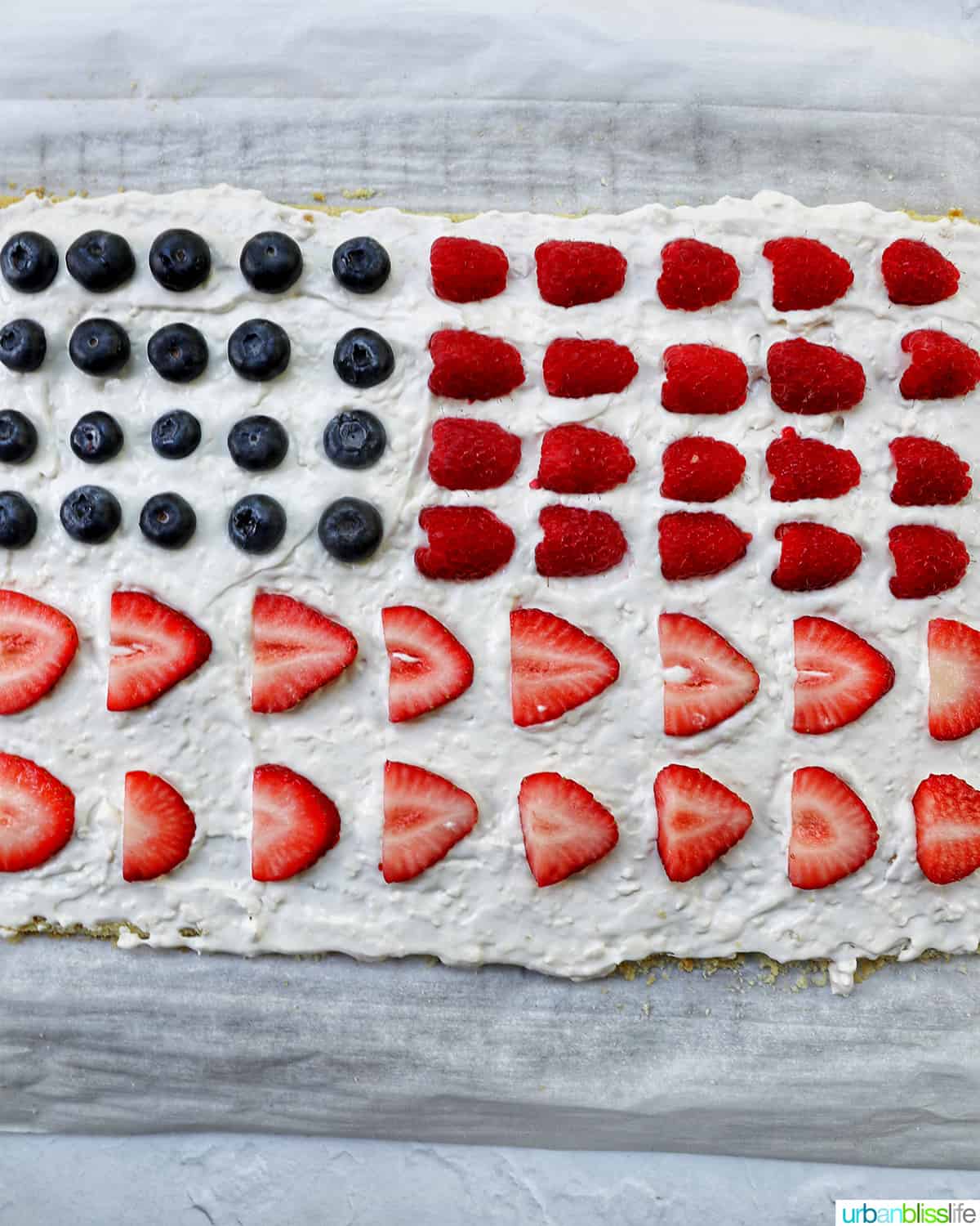 4th of July Fruit Pizza with blueberries, strawberries, raspberries
