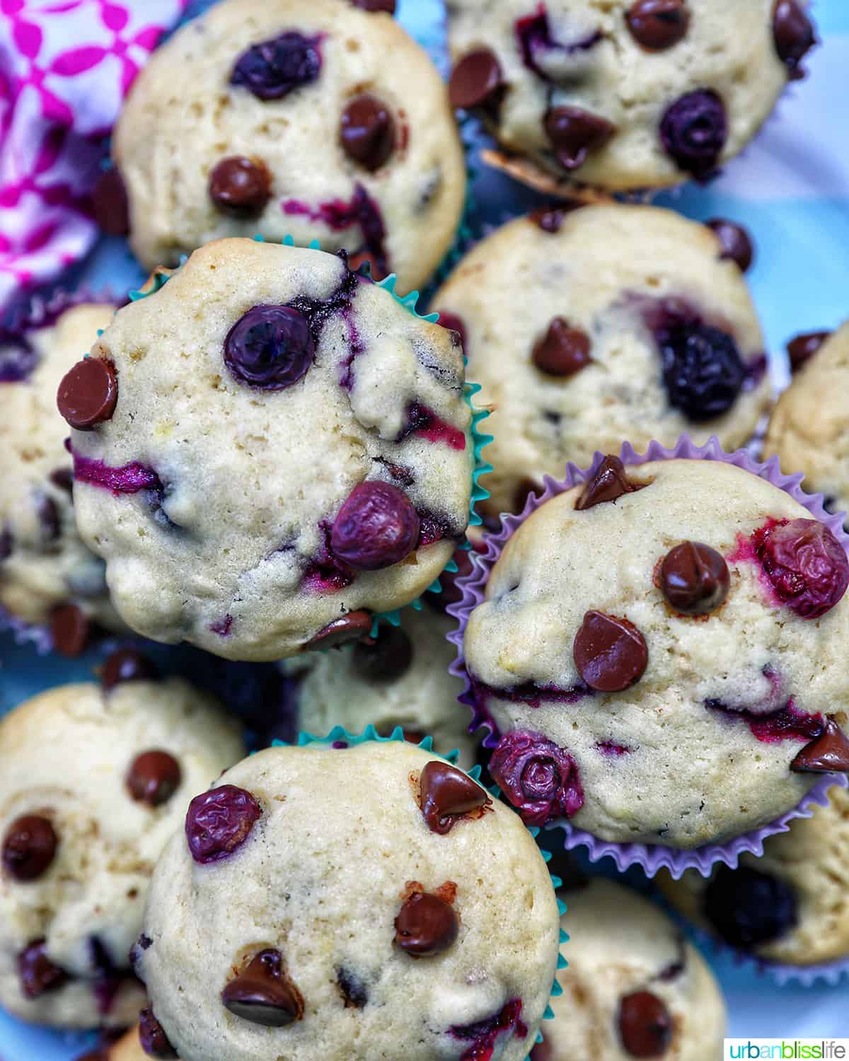 several blueberry chocolate chip muffins stacked on top of each other on a plate.