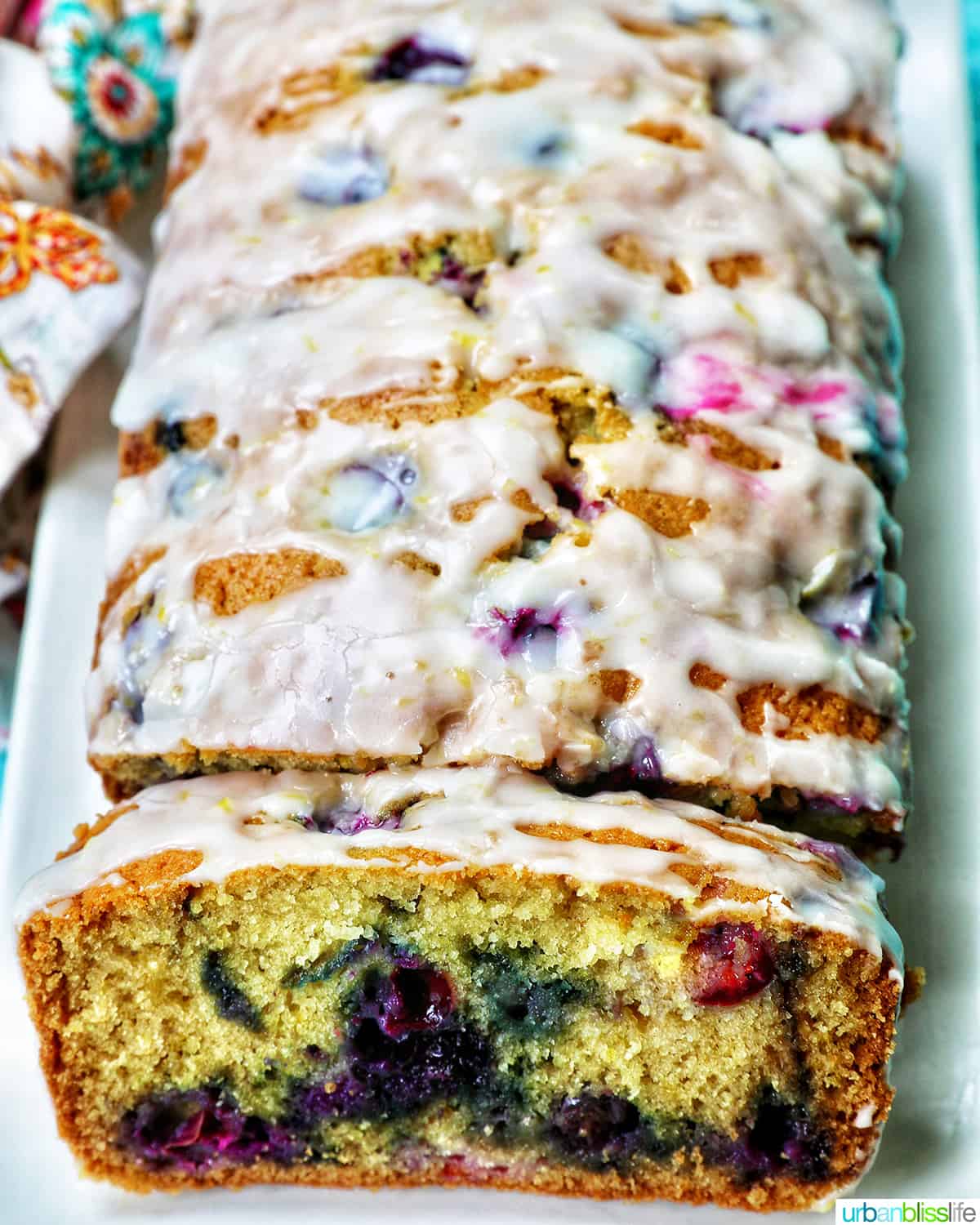 lemon blueberry pound cake sliced.