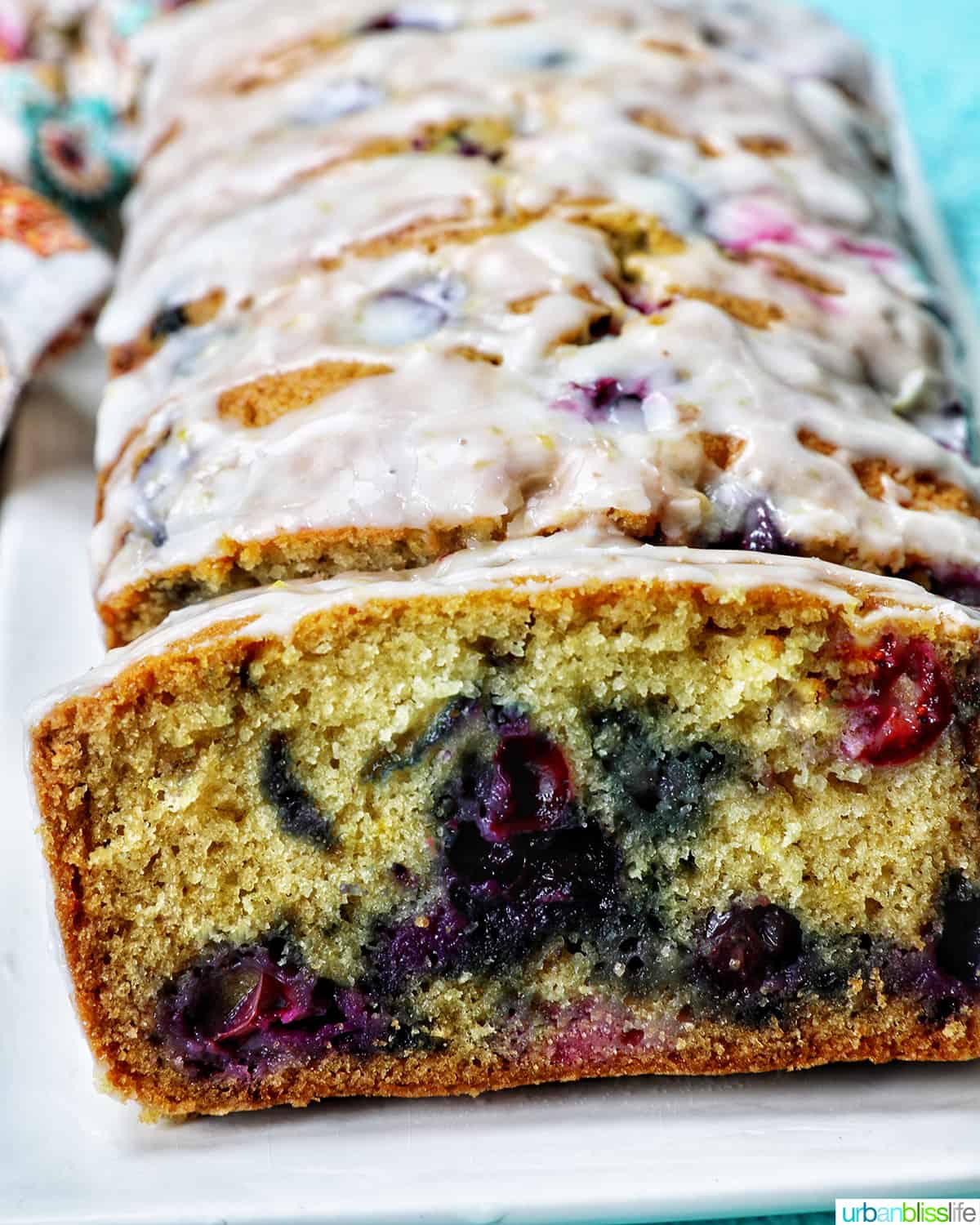 lemon blueberry pound cake sliced.