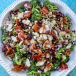 broccoli crunch salad in a white bowl.
