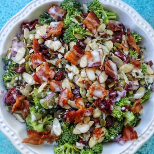 broccoli crunch salad in a white bowl.