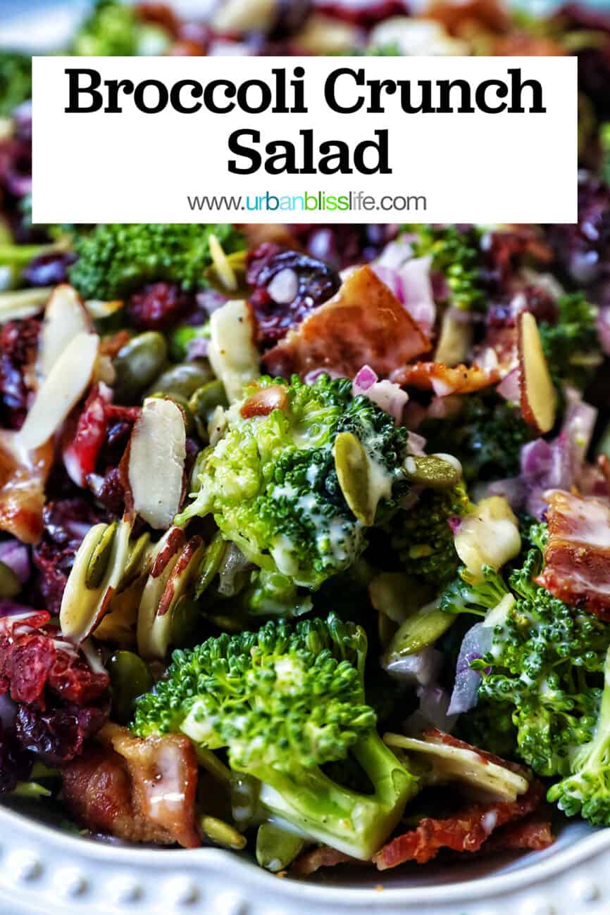 white bowl with broccoli crunch salad with dressing and title text that reads "Broccoli Crunch Salad."