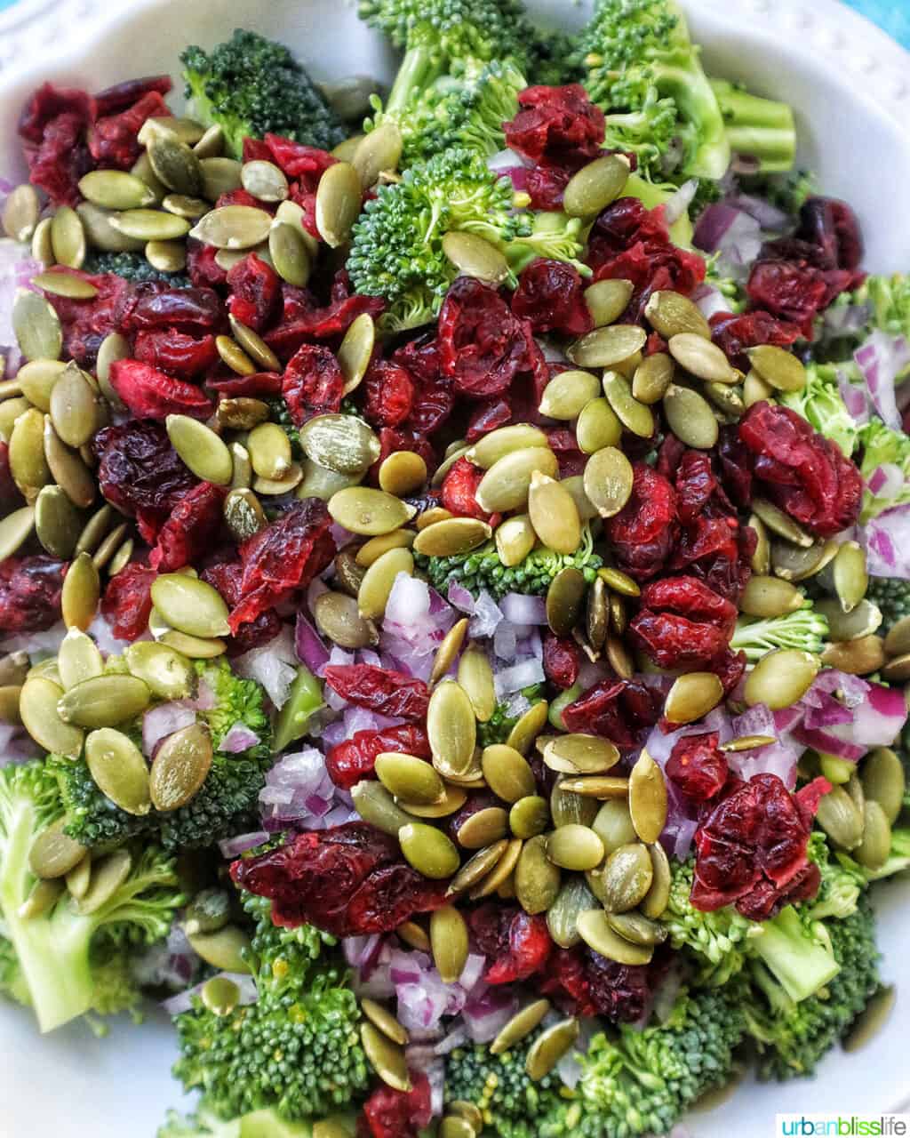 pepitas (pumpkin seeds) on top of broccoli crunch salad.