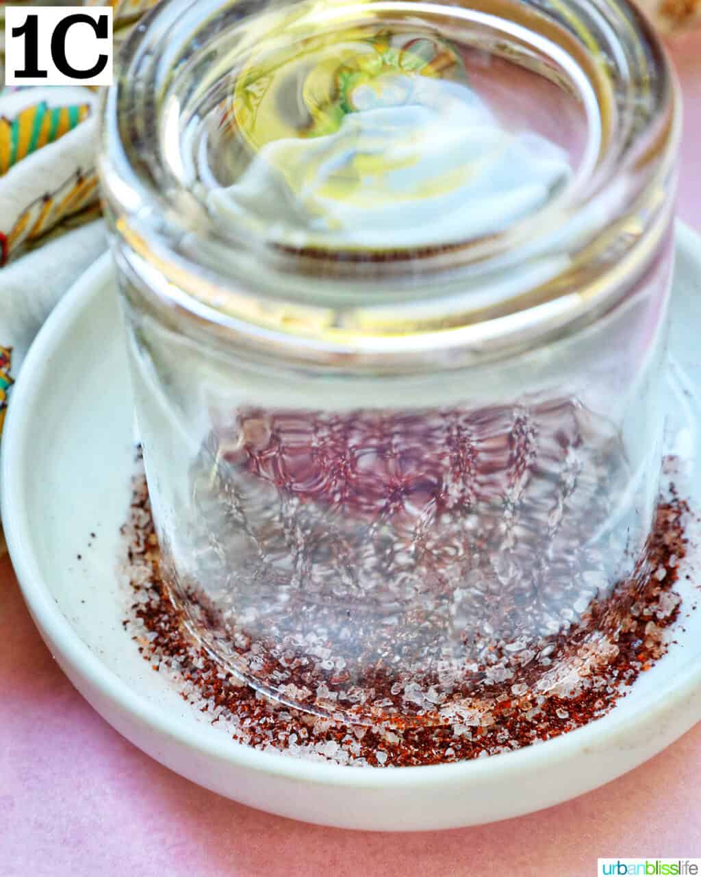 glass dipped into chili powder salt.