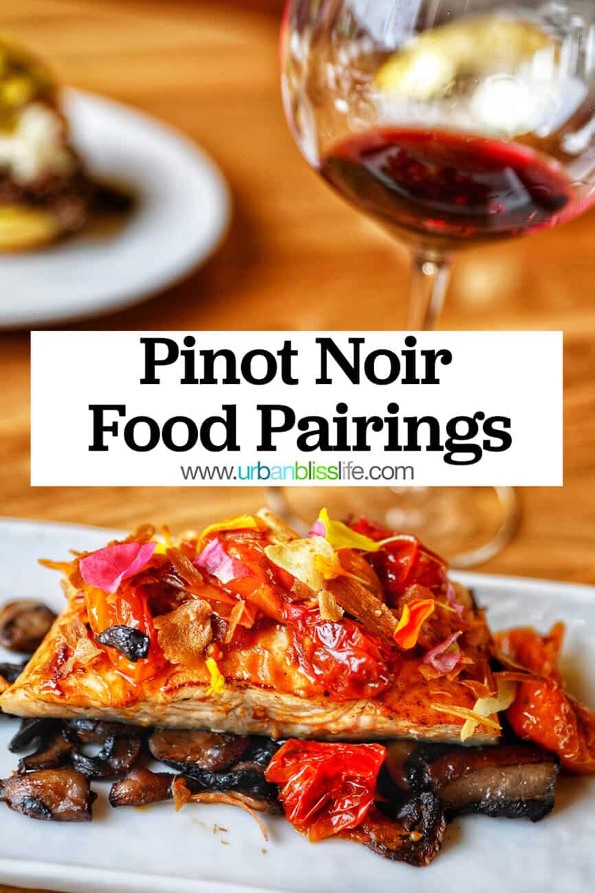 glass of Pinot Noir red wine with salmon and title text that reads "Pinot Noir Food Pairings."