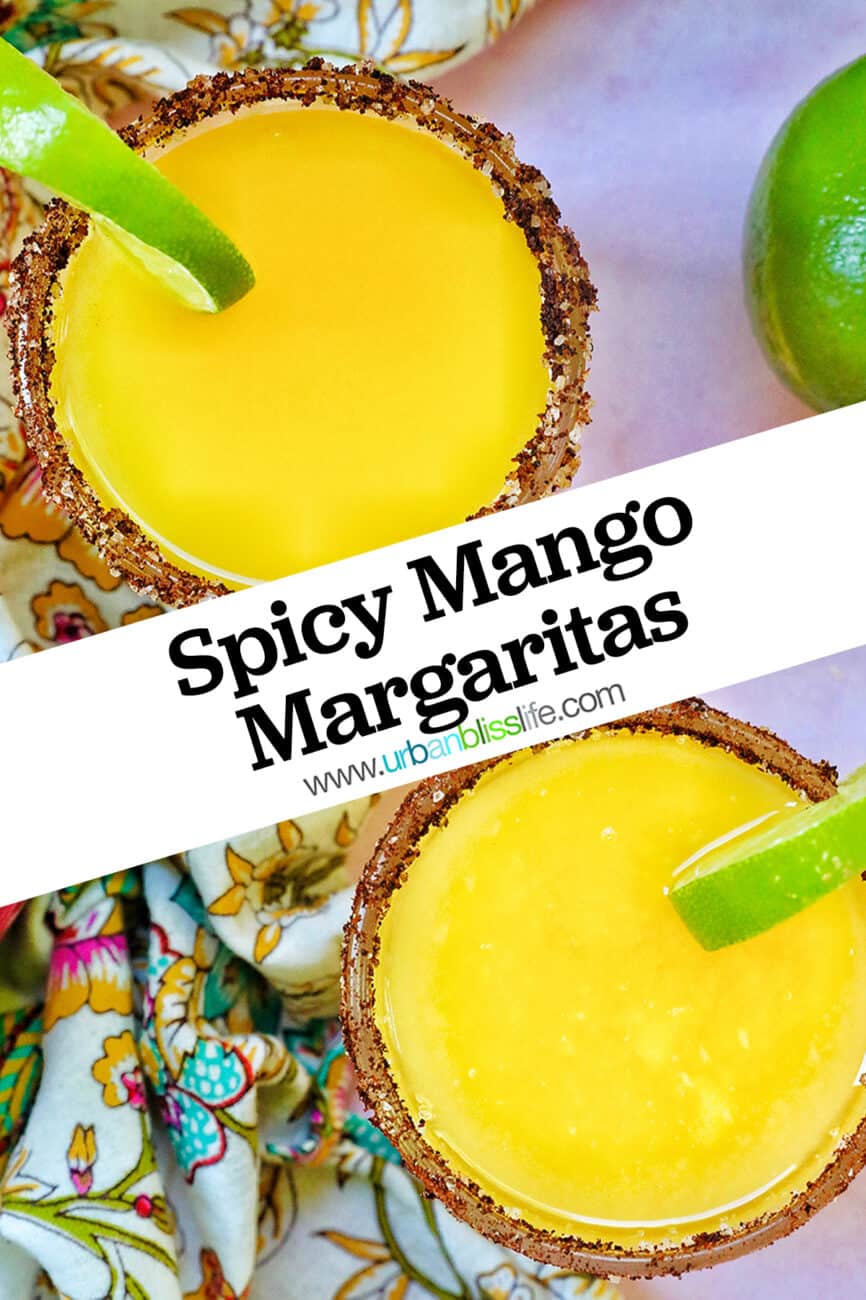 two glasses of spicy mango margarita with lime slice garnish and chili powder salt rim.
