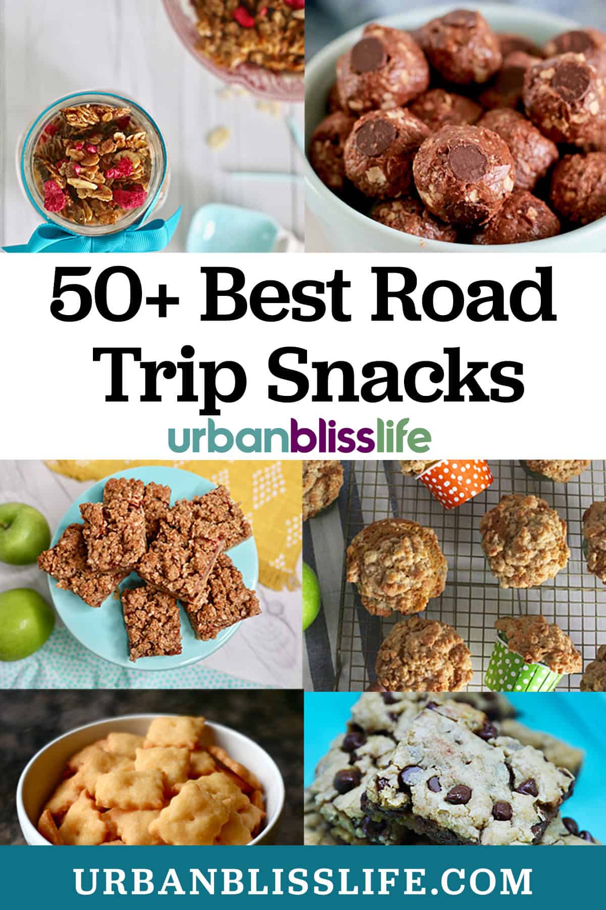 protein bites, snack bars, muffins, and crackers with title text overlay that reads "50+ Best Road Trip Snacks."