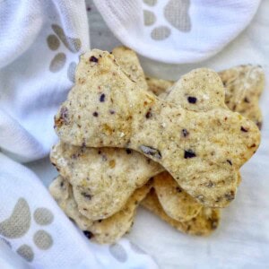 stack of homemade blueberry dog treats cut out in the shape of dog bones on a dog paw printed towel.
