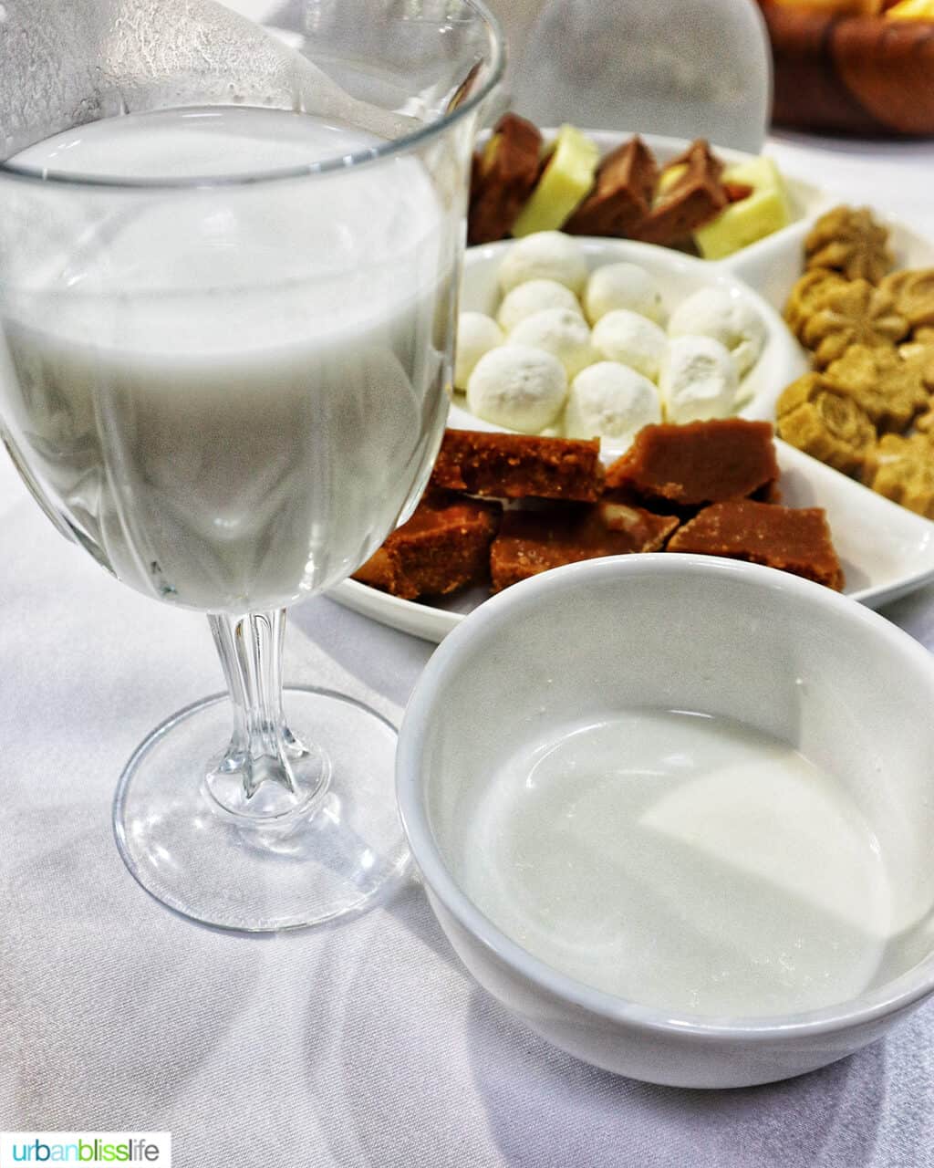 glasses of camel's milk and mare's milk in Almaty, Kazakhstan.
