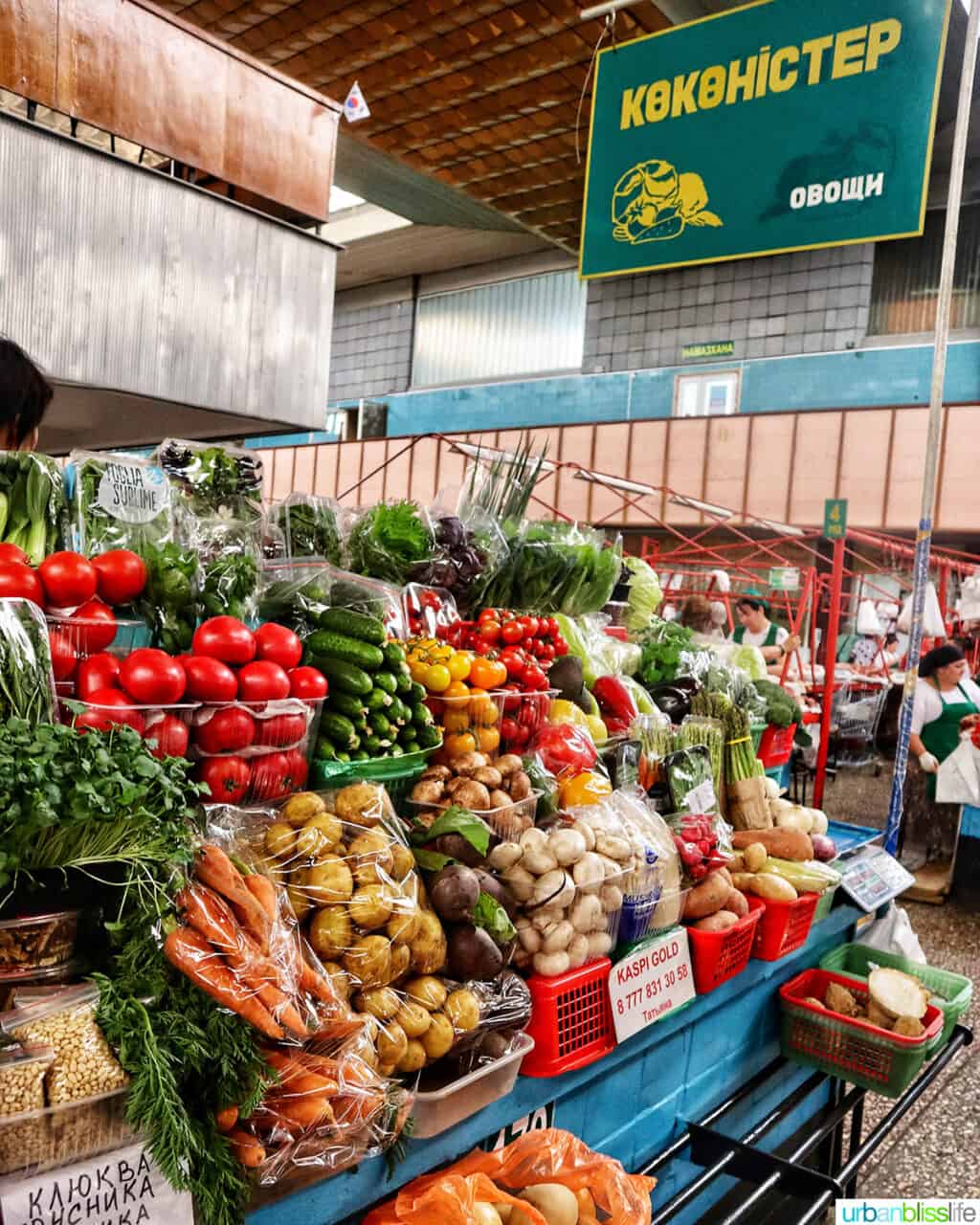 fresh produce at the Green Bazaar in Almaty, Kazakhstan.