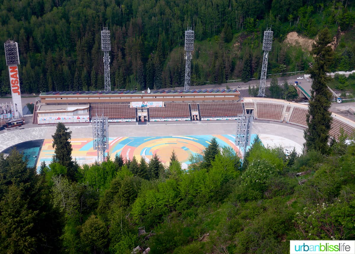 view of the Medeu Ice Skating Rink from a gondola.
