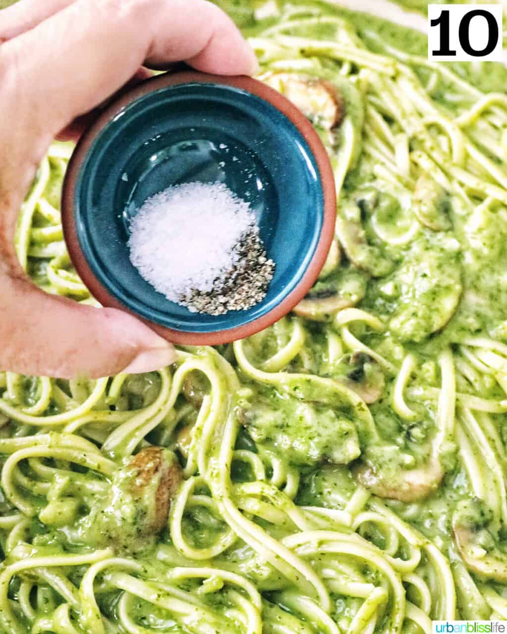 hand holding a small bowl of salt and pepper over mushroom pesto pasta.