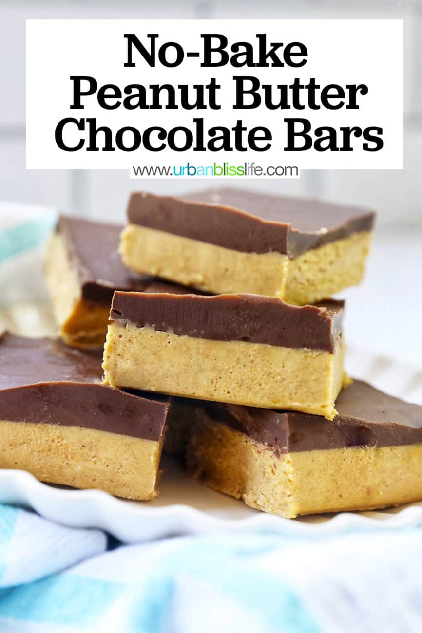 No Bake Peanut Butter Chocolate Bars with title text.