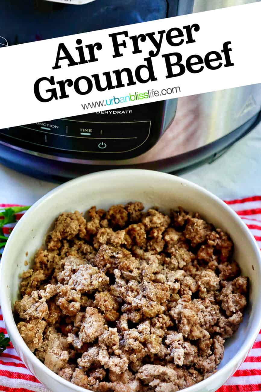 air fryer and ground beef in a white bowl with parsley sprigs around it and a red and white striped towel.