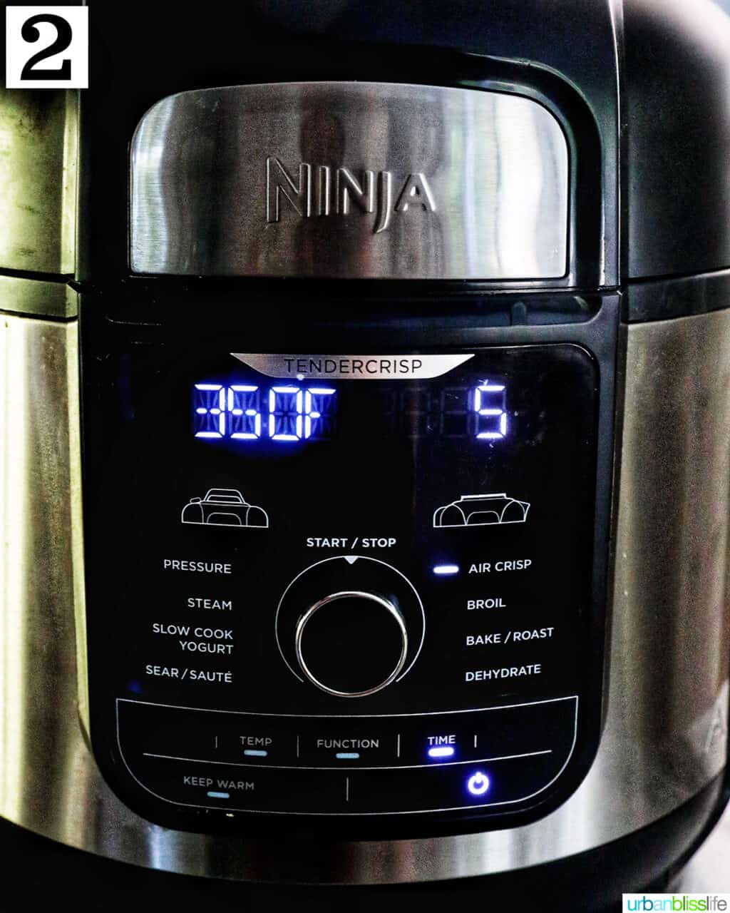 ninja foodi air fryer set to 350°F and 5 minutes.