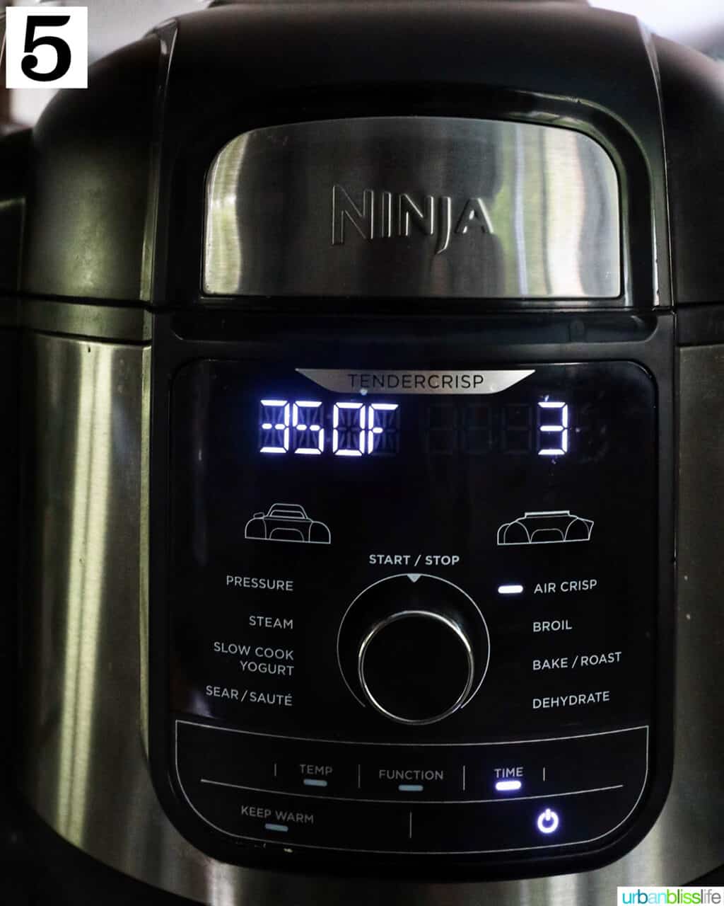 ninja foodi air fryer set to 350°F and 3 minutes.