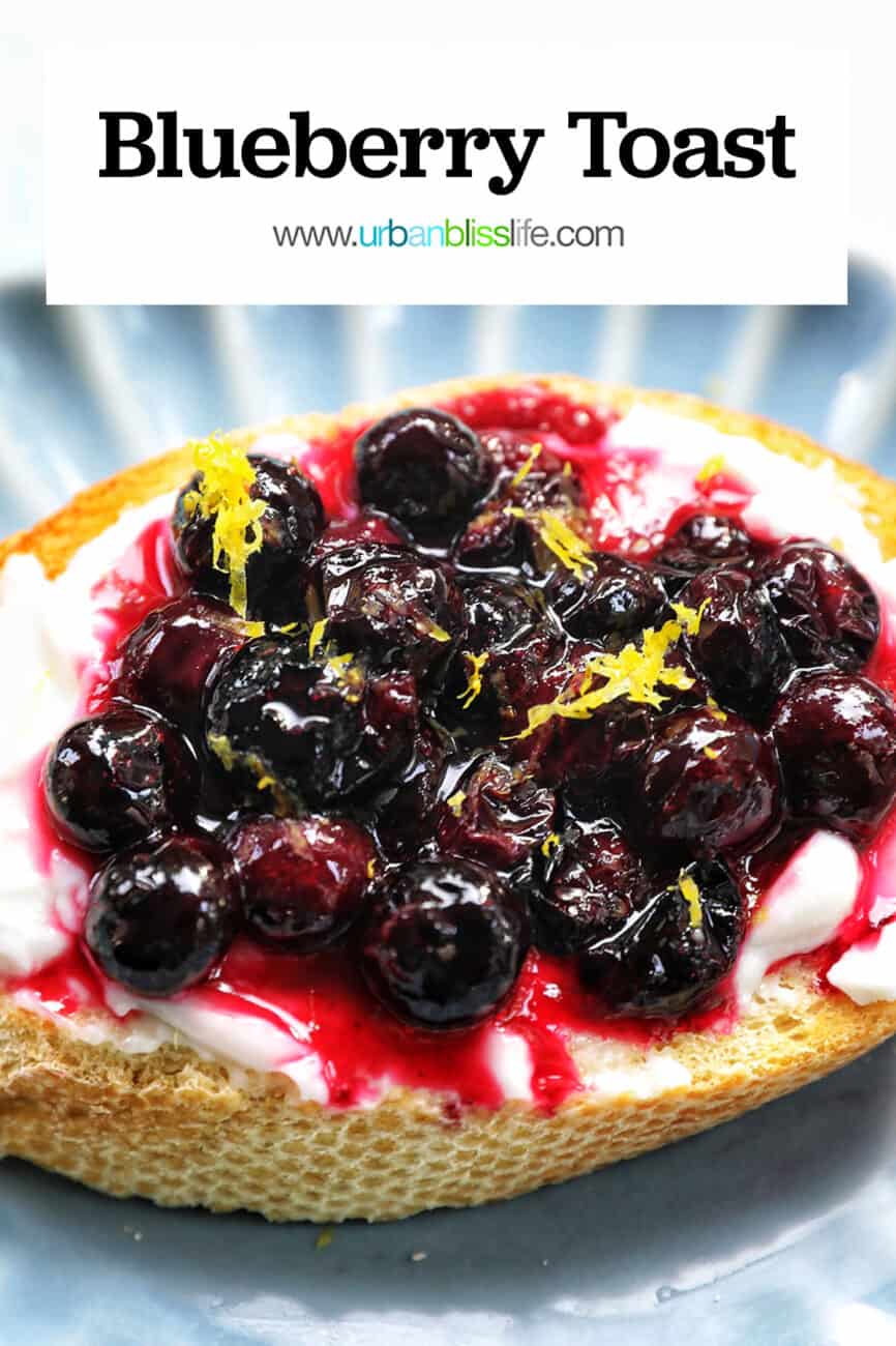 blueberries and cream cheese on toast on a blue scalloped plate with title text that reads "blueberry toast."