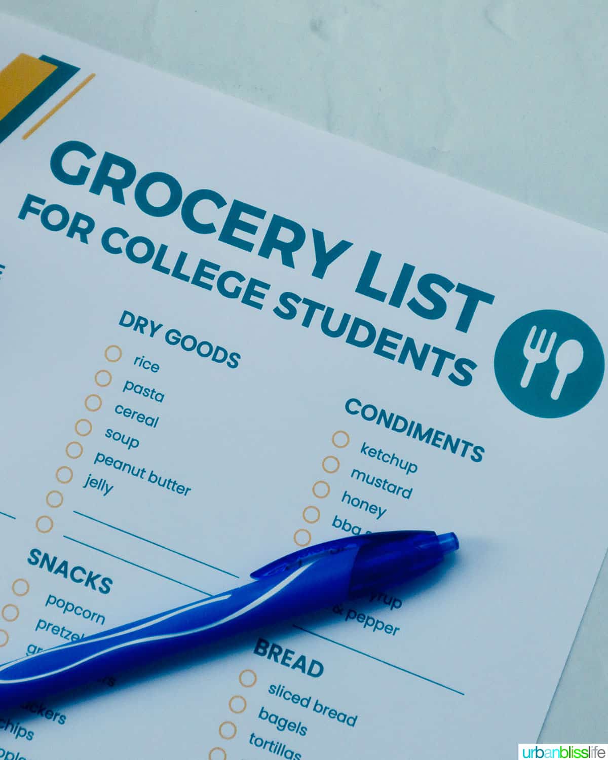 printable grocery list for college students, with pen.