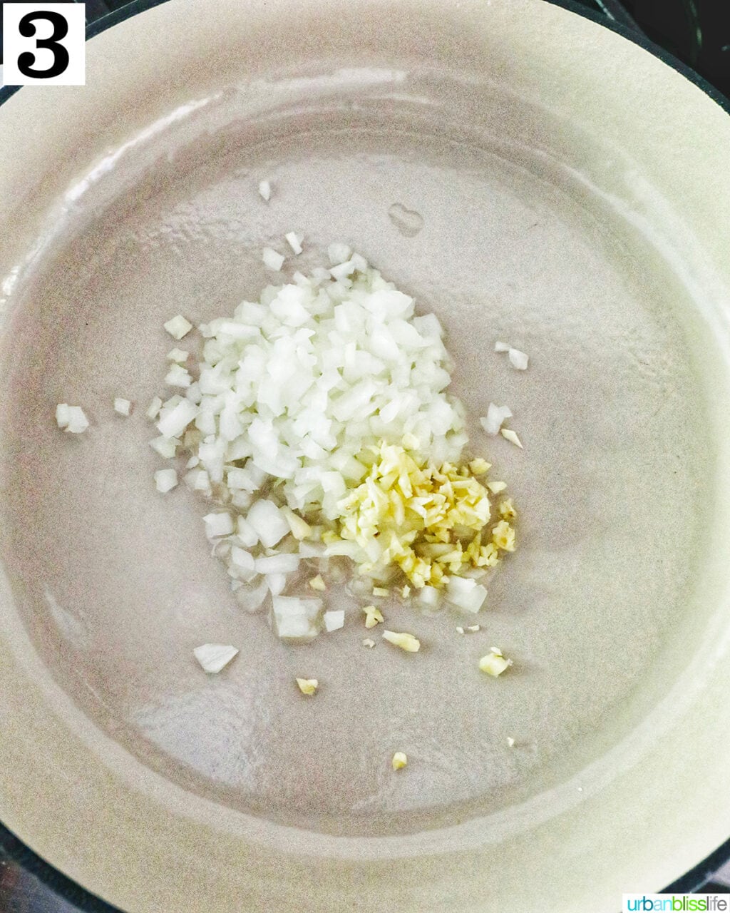 chopped onions and minced garlic in a large white skillet.
