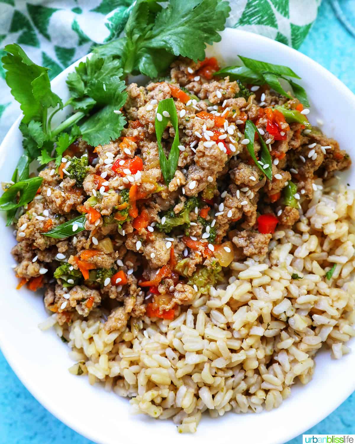 Ground Turkey Teriyaki brown rice bowl with green onions, broccoli, carrots, and red bell peppers, in a white bowl with cilantro garnish.
