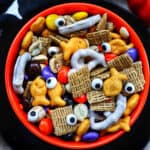 orange bowl with Halloween Snack Mix.
